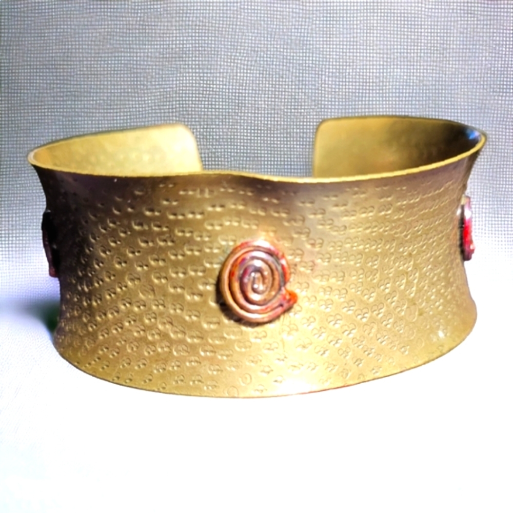 Wide Hammered Brass Concave Cuff Bracelet with Copper swirl details
